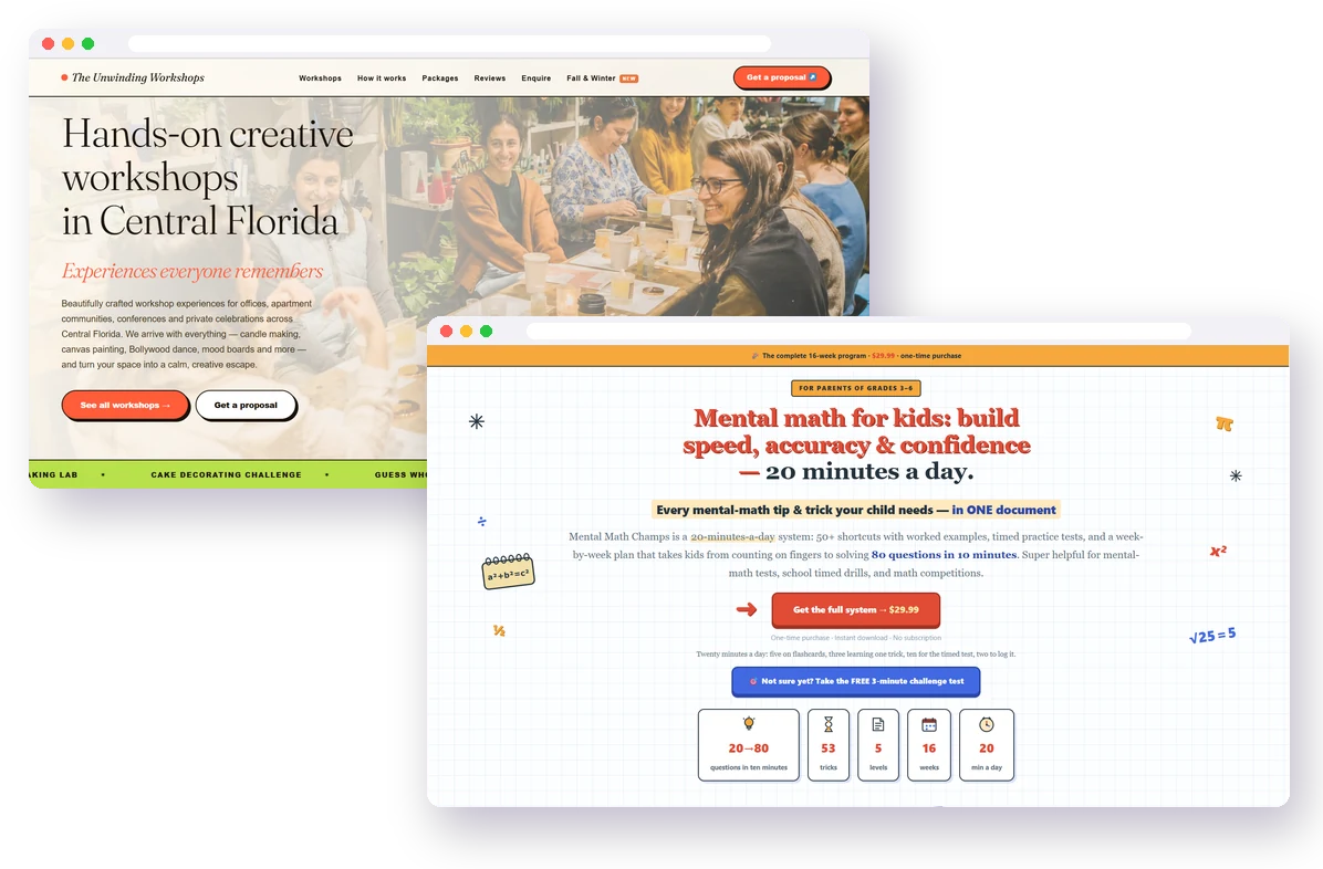 The Unwinding Workshops and Mental Math Champs websites, built by AIVI